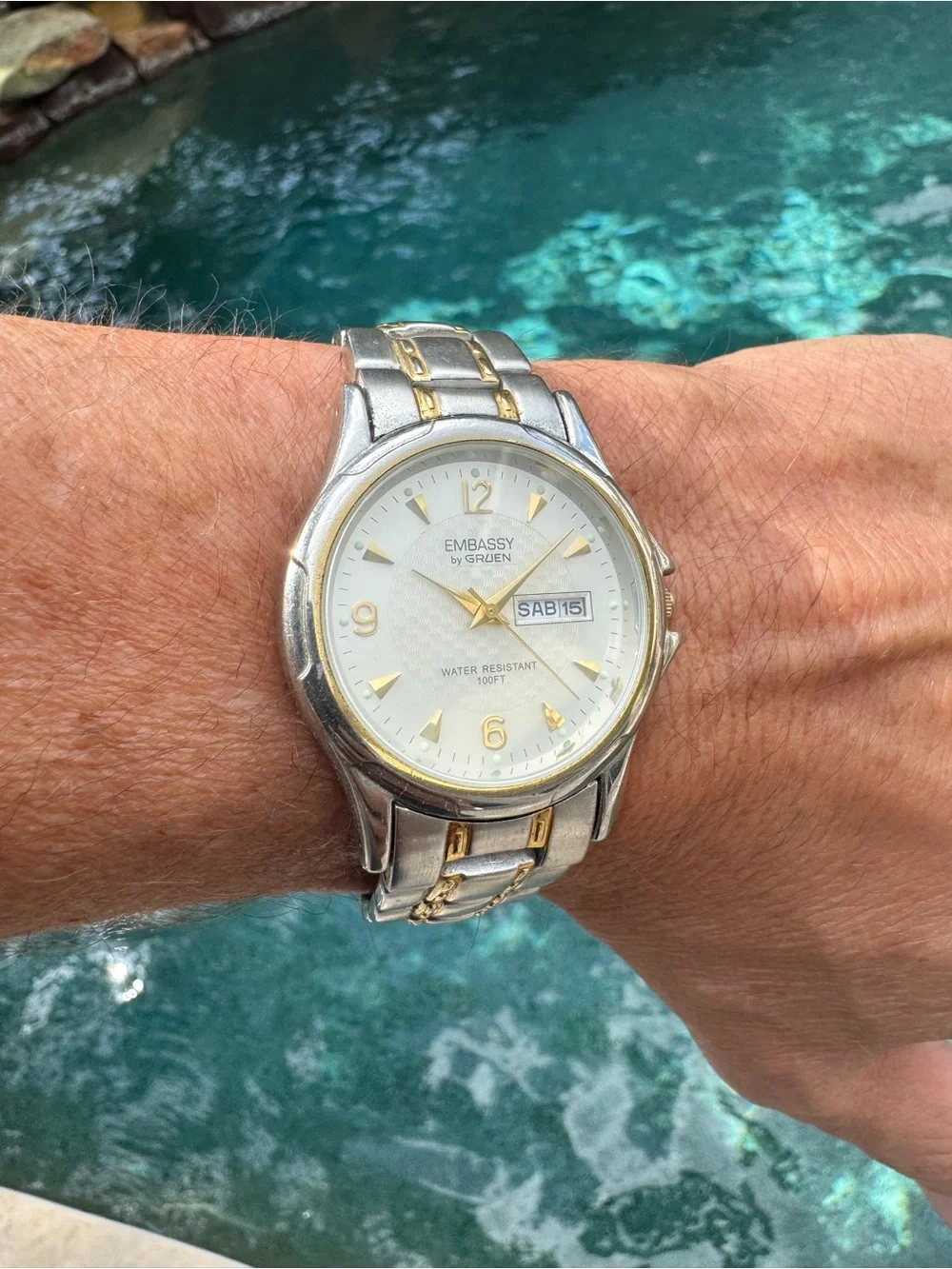 Gruen Embassy Men’s Quartz Day-Date Two-Tone Original Bracelet Cream Dial 40mm